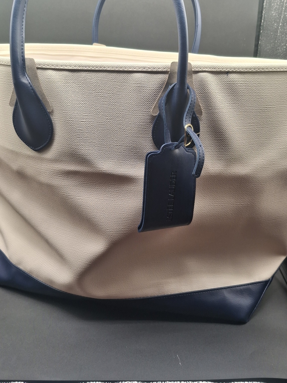 Estee Lauder Canvas Tote Bag with Navy Trim -